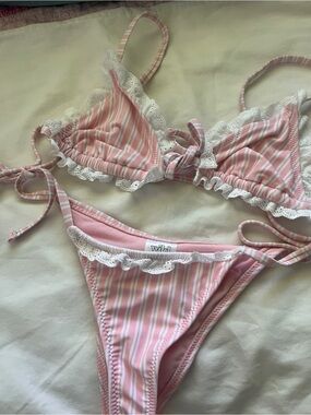 wild fable Pink & White Striped Lace-Trim Triangle Bikini